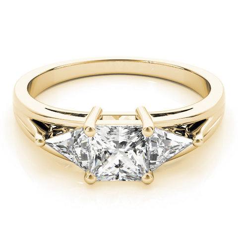 Yellow gold Three-Stone Princess Cut Diamond Ring with Trillion Side Stones on a Split Shank Band 1