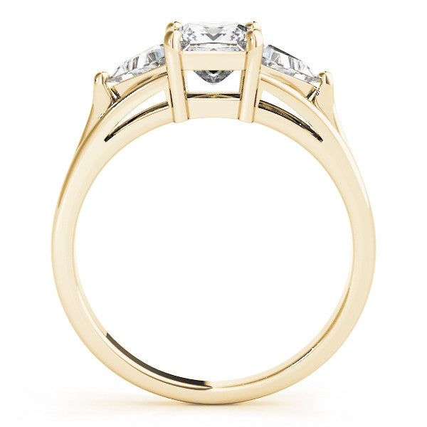 Yellow gold Three-Stone Princess Cut Diamond Ring with Trillion Side Stones on a Split Shank Band 2