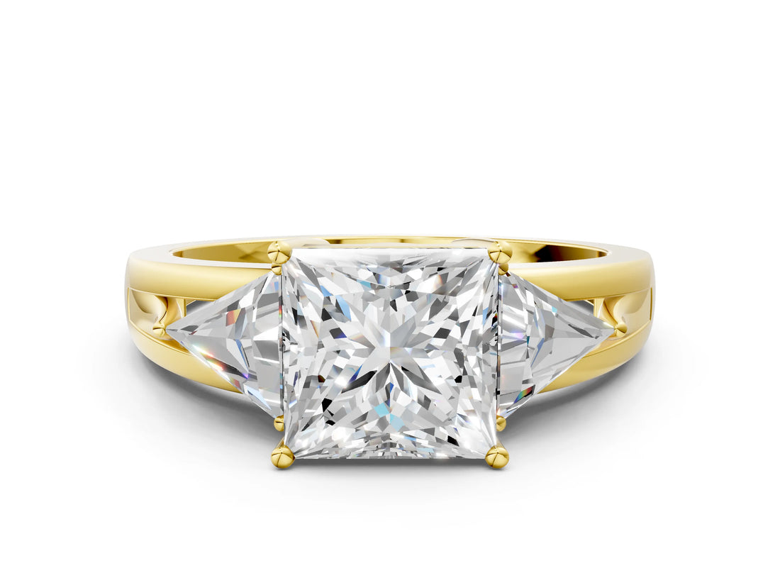 Yellow gold Three-Stone Princess Cut Diamond Ring with Trillion Side Stones on a Split Shank Band_3