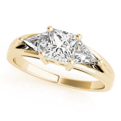 Yellow gold Three-Stone Princess Cut Diamond Ring with Trillion Side Stones on a Split Shank Band