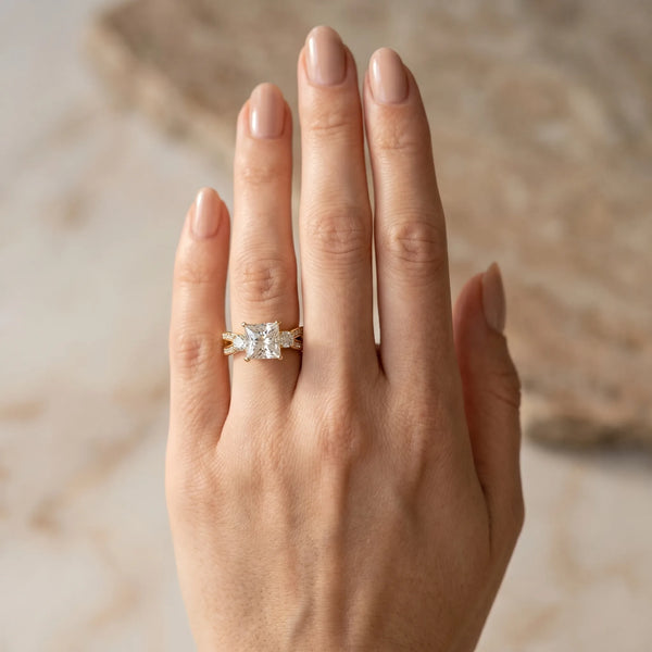 Yellow gold Three-Stone Princess Cut Diamond Twist Band with Prong Setting