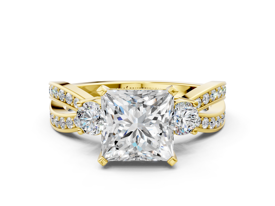 Yellow gold Three-Stone Princess Cut Diamond Twist Band with Prong Setting_65