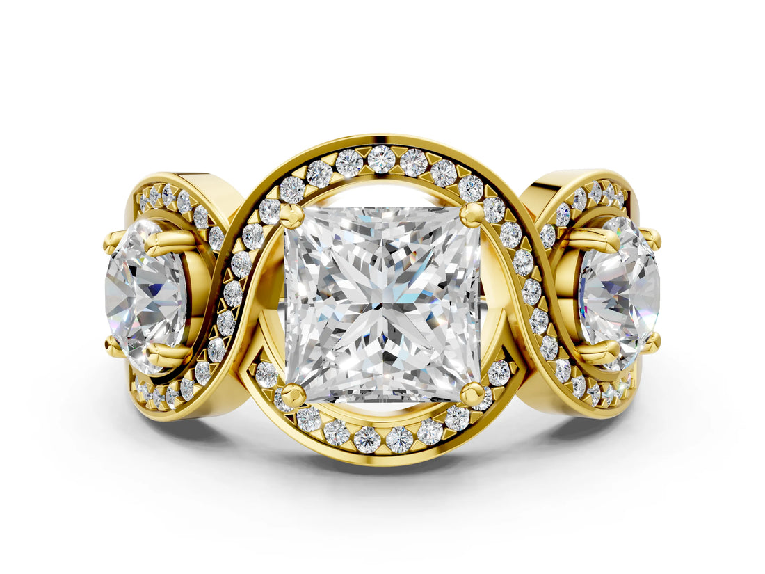 Yellow gold Three-Stone Princess Cut Diamond Wave Pave Band with Prong Setting_27