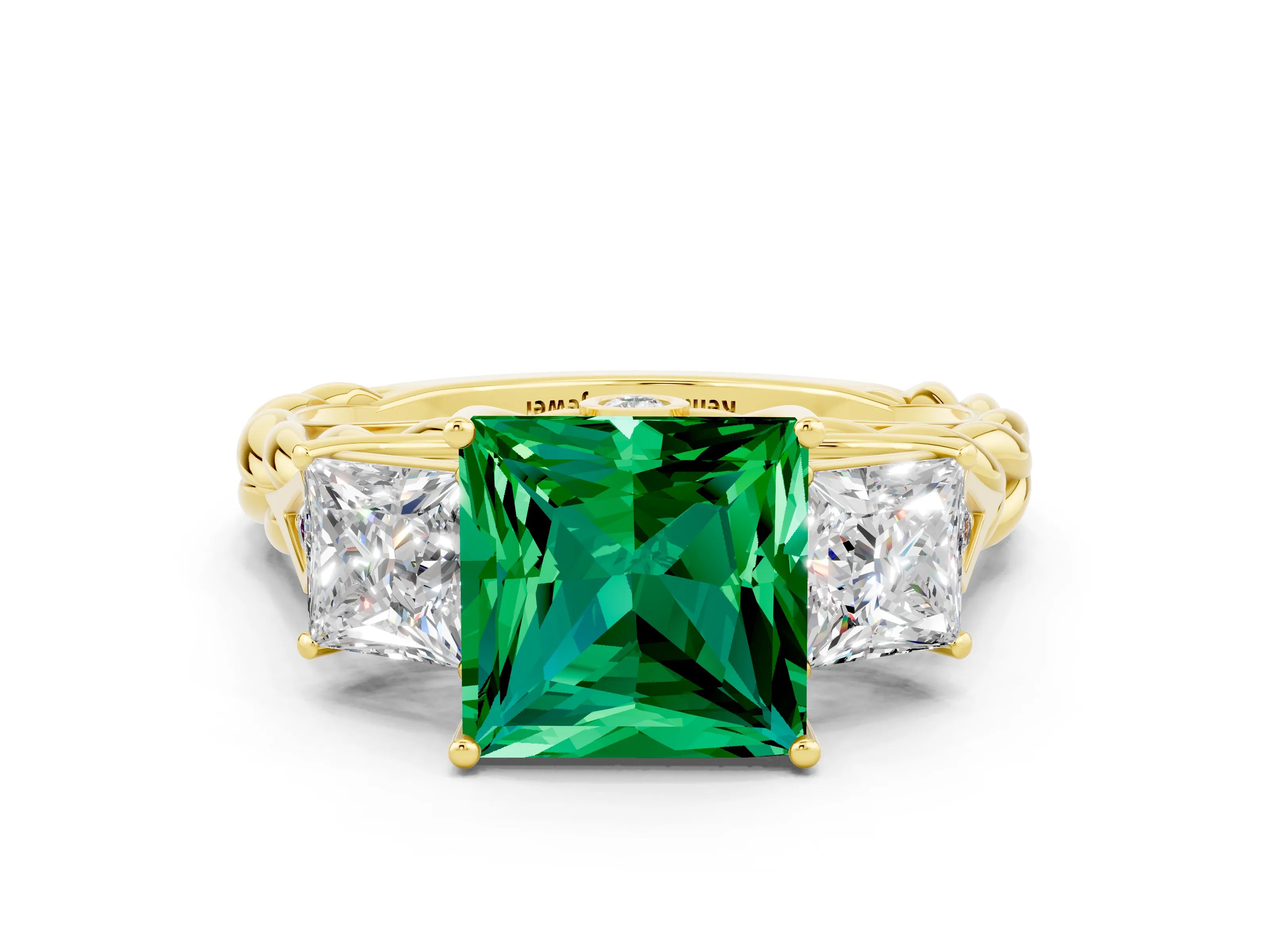 Yellow gold Three-Stone Princess Cut Emerald Braided Band Ring with Four-Prong Setting_12