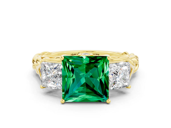 Yellow gold Three-Stone Princess Cut Emerald Braided Band Ring with Four-Prong Setting