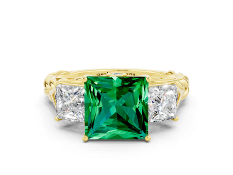 Yellow gold Three-Stone Princess Cut Emerald Braided Band Ring with Four-Prong Setting_12