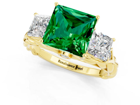 Yellow gold Three-Stone Princess Cut Emerald Braided Band Ring with Four-Prong Setting_13