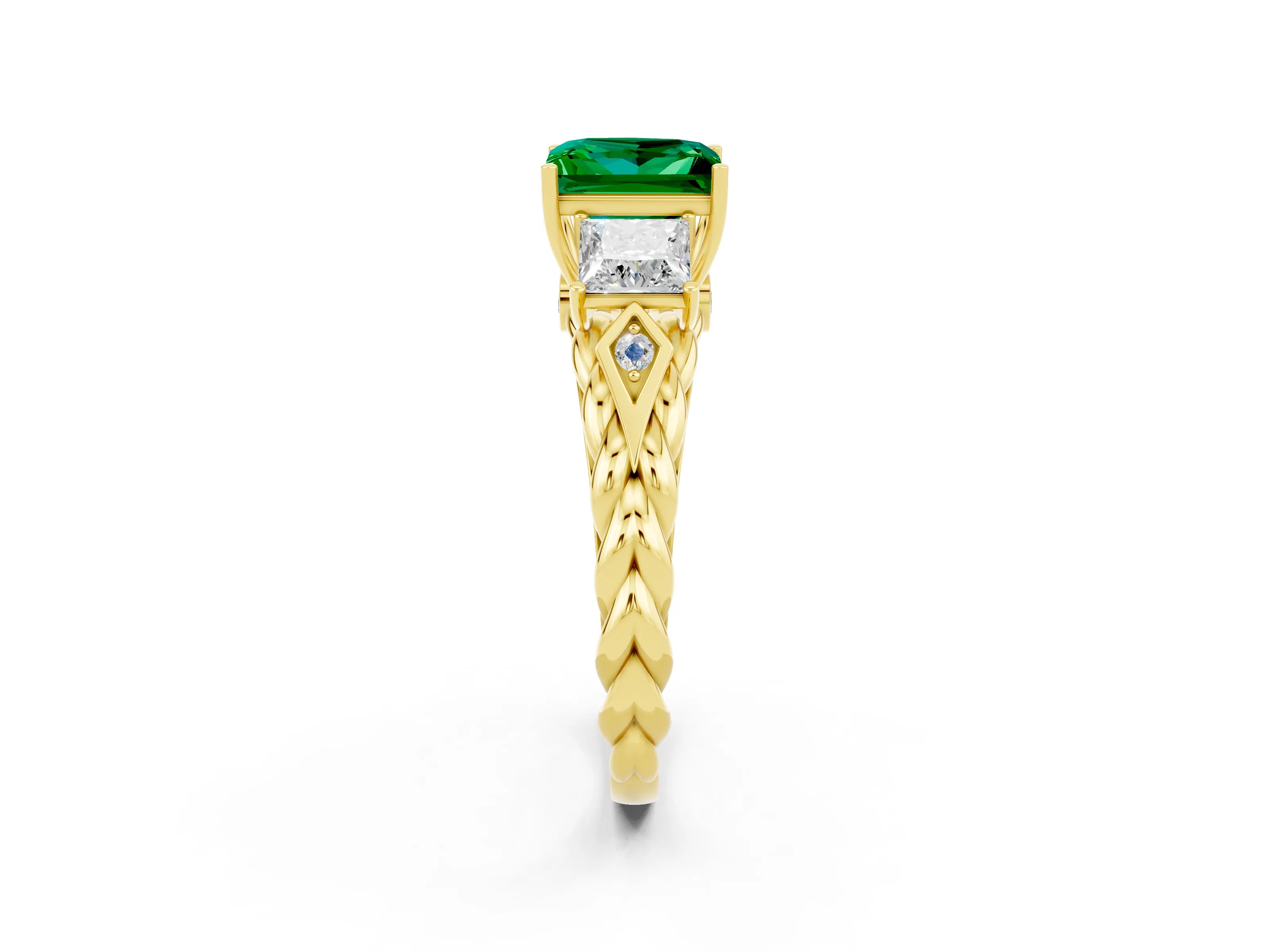 Yellow gold Three-Stone Princess Cut Emerald Braided Band Ring with Four-Prong Setting_14