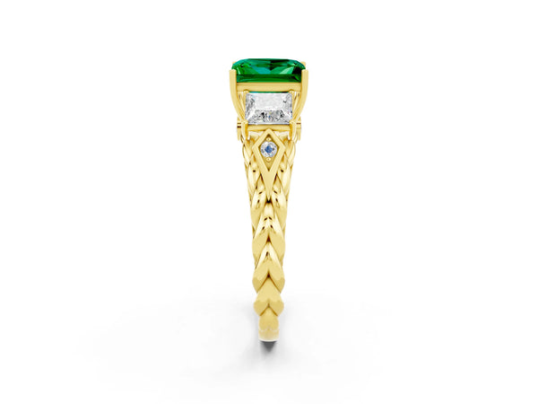 Yellow gold Three-Stone Princess Cut Emerald Braided Band Ring with Four-Prong Setting