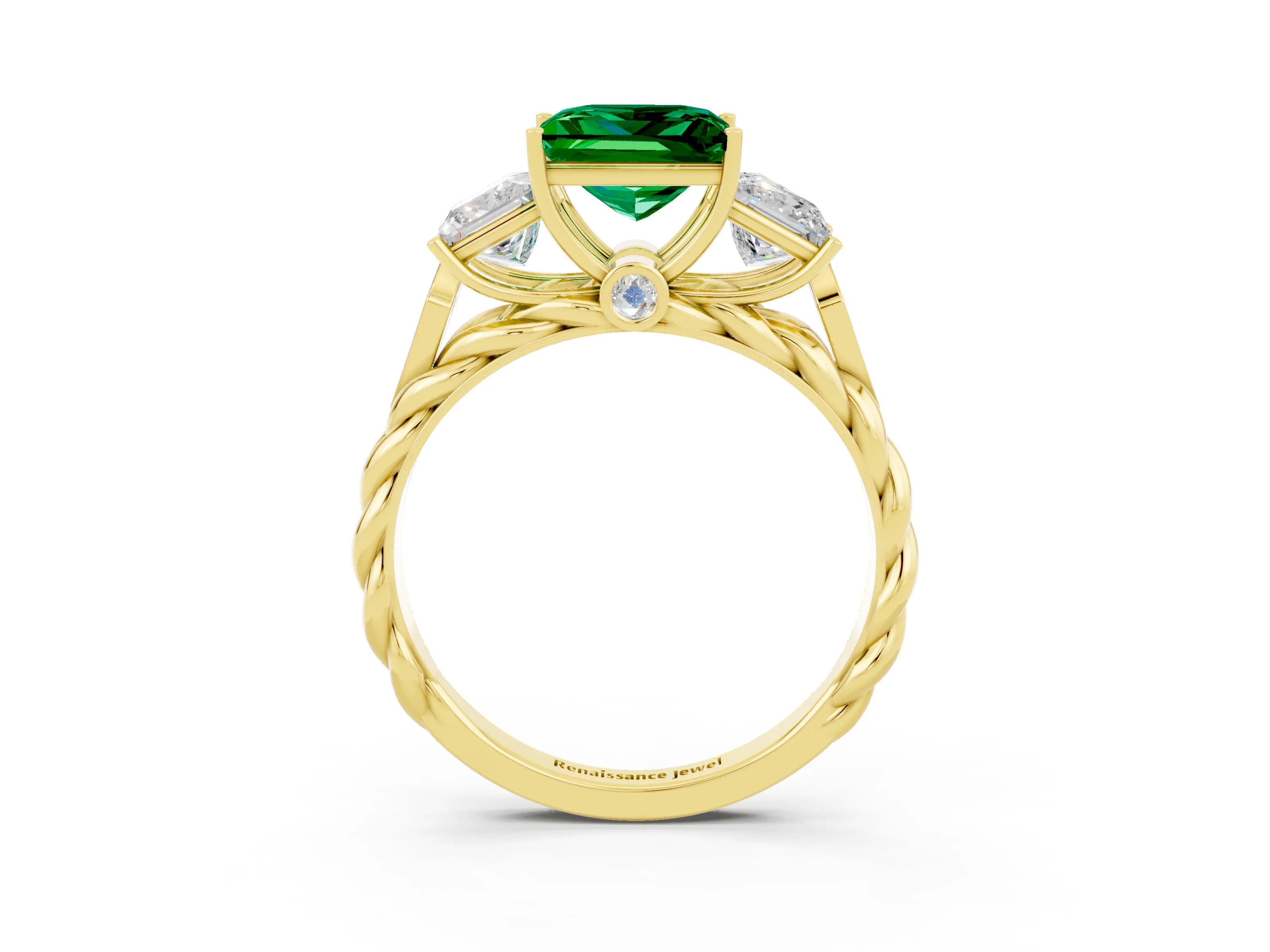 Yellow gold Three-Stone Princess Cut Emerald Braided Band Ring with Four-Prong Setting_15