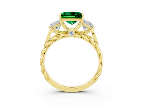 Yellow gold Three-Stone Princess Cut Emerald Braided Band Ring with Four-Prong Setting_15