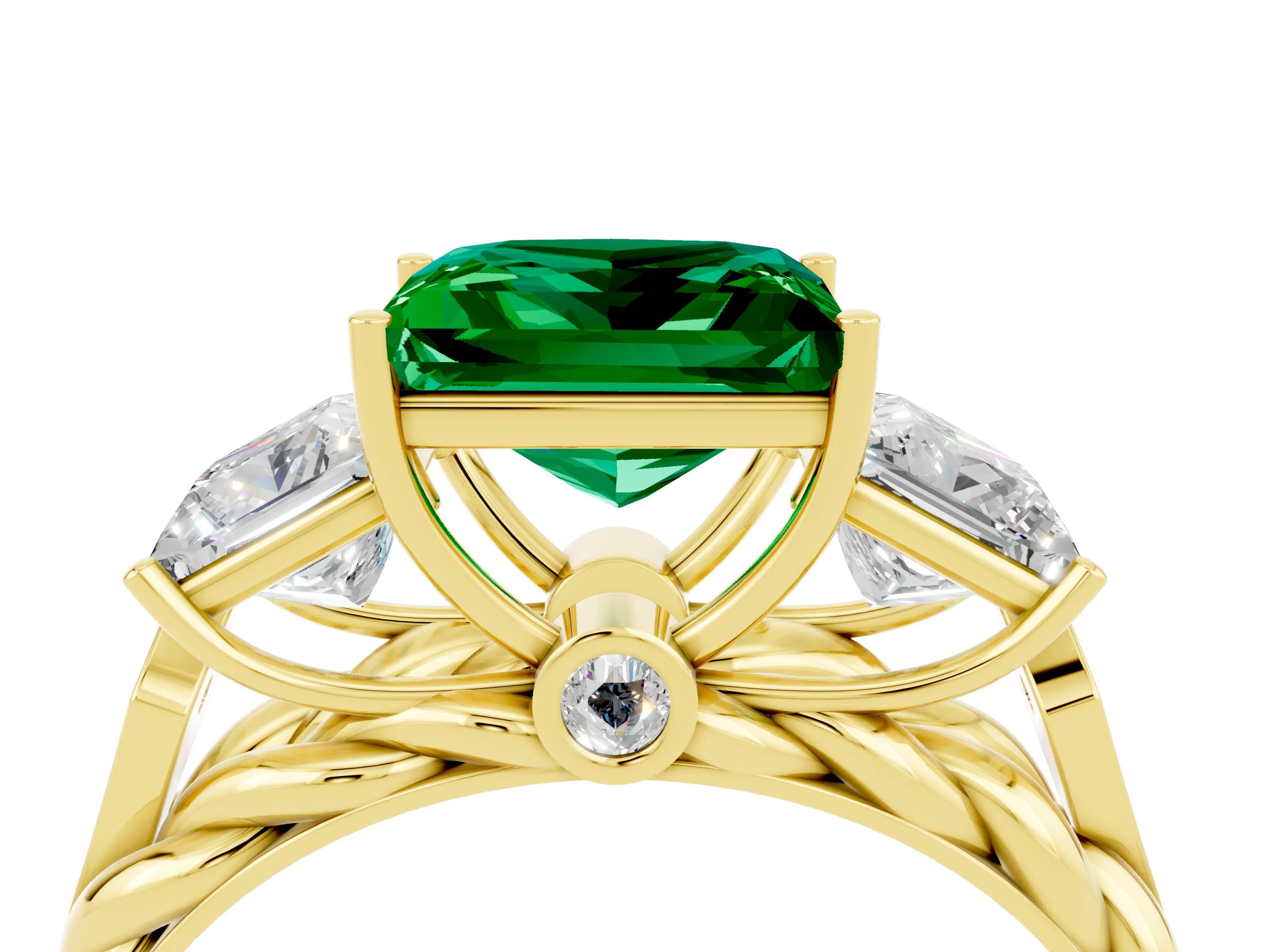 Yellow gold Three-Stone Princess Cut Emerald Braided Band Ring with Four-Prong Setting_16