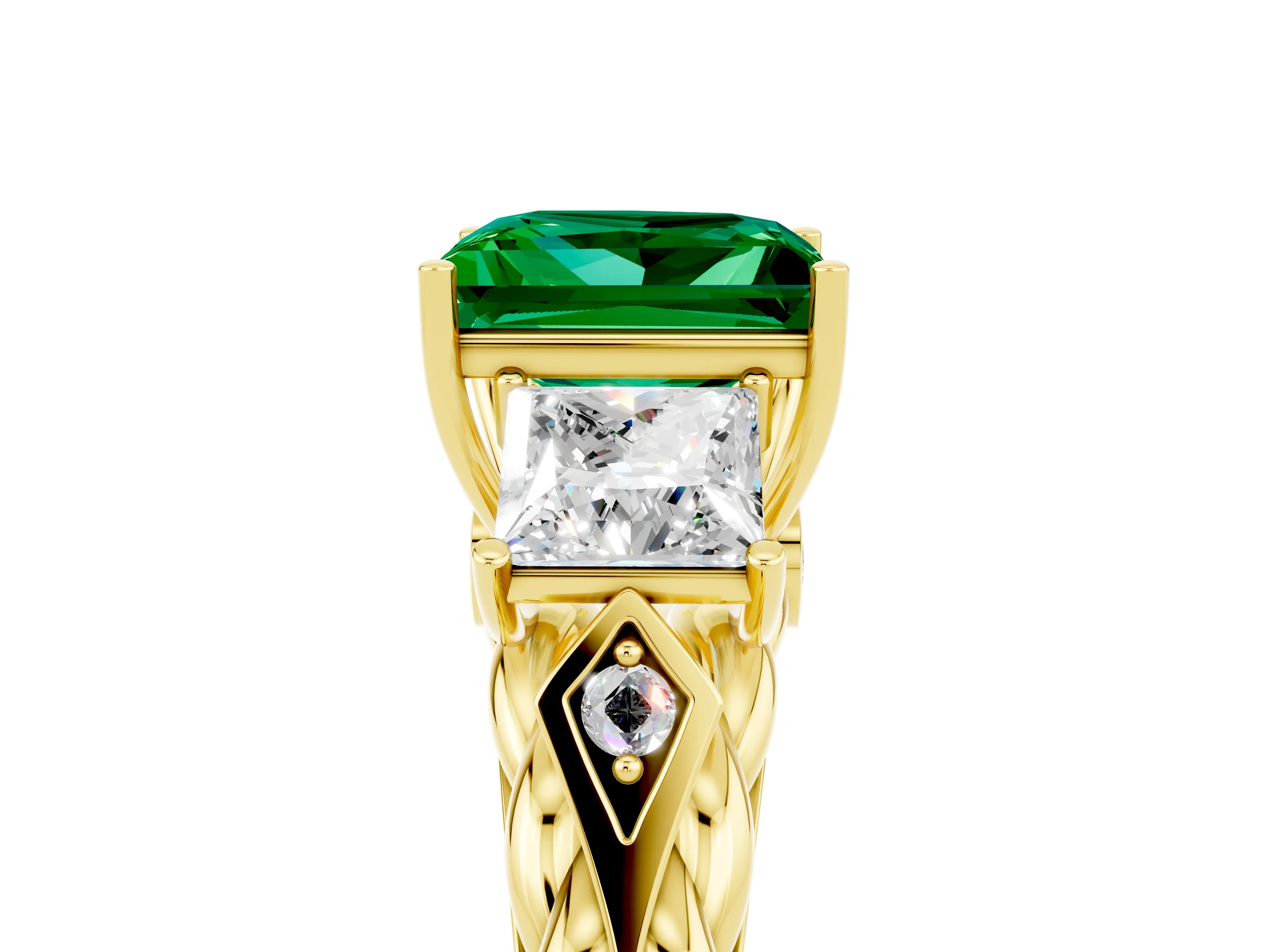Yellow gold Three-Stone Princess Cut Emerald Braided Band Ring with Four-Prong Setting_17