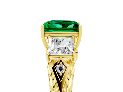 Yellow gold Three-Stone Princess Cut Emerald Braided Band Ring with Four-Prong Setting_17