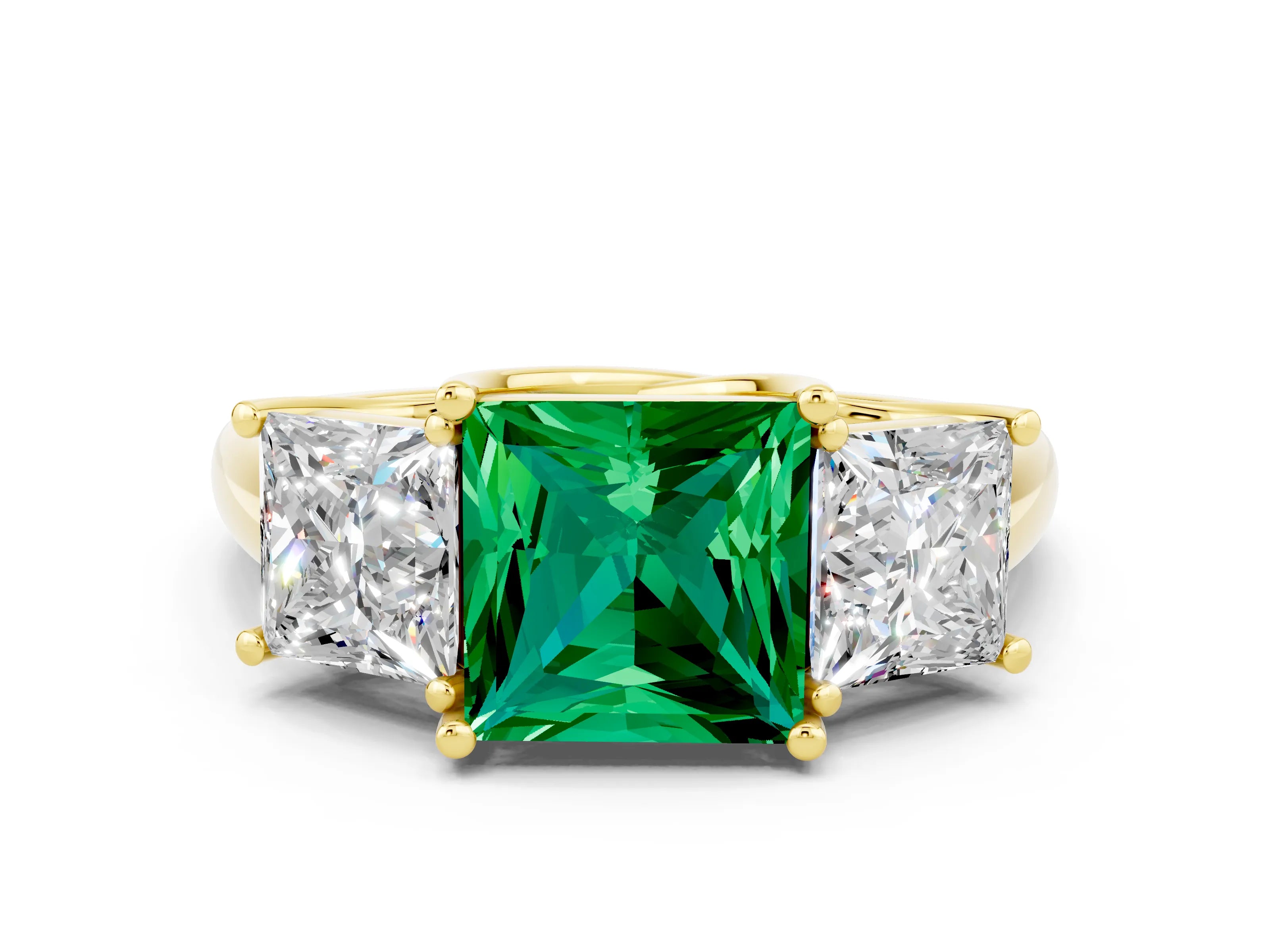 Yellow gold Three-Stone Princess Cut Emerald Engagement Ring with Prong Setting