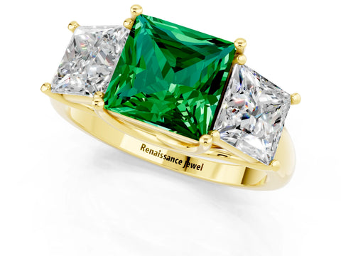 Yellow gold Three-Stone Princess Cut Emerald Engagement Ring with Prong Setting_1