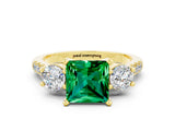 Yellow gold Three-Stone Princess Cut Emerald Pavé Band with Four-Prong Setting