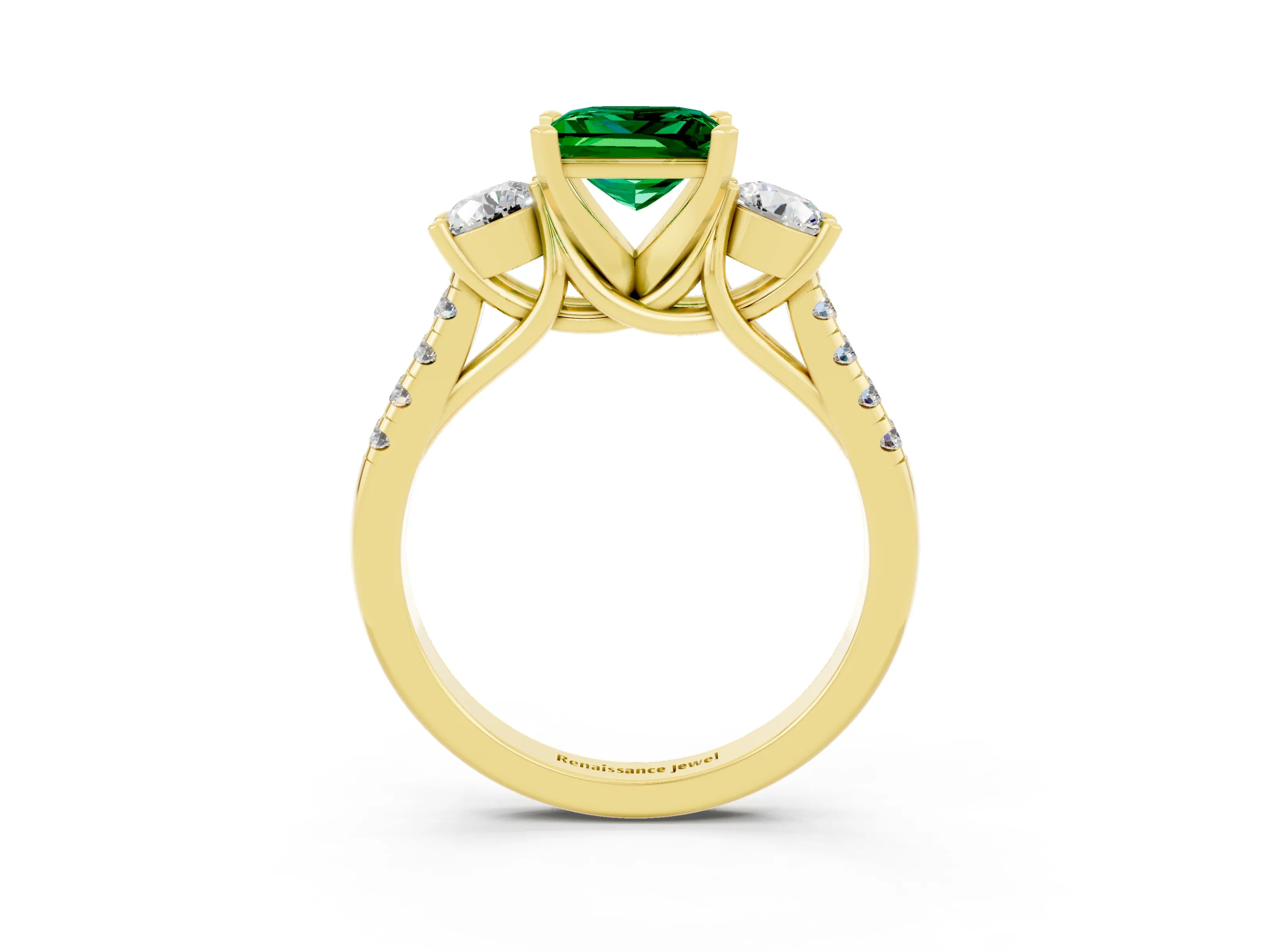 Yellow gold Three-Stone Princess Cut Emerald Pavé Band with Four-Prong Setting_3