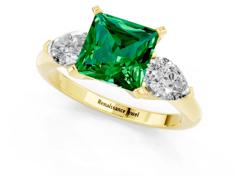 Yellow gold Three-Stone Princess Cut Emerald Ring with Pear Side Stones and Four-Prong Setting_1