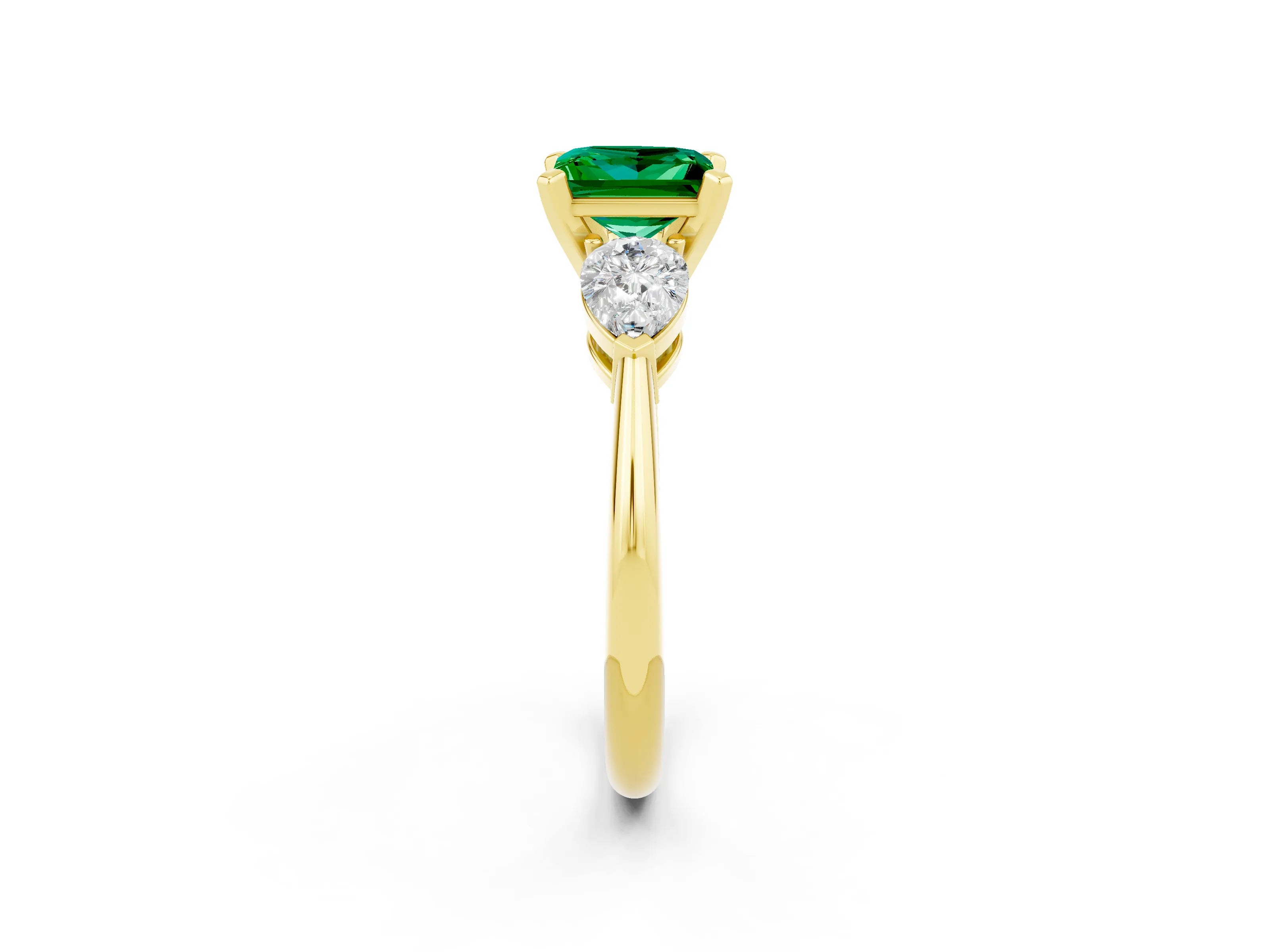 Yellow gold Three-Stone Princess Cut Emerald Ring with Pear Side Stones and Four-Prong Setting_2