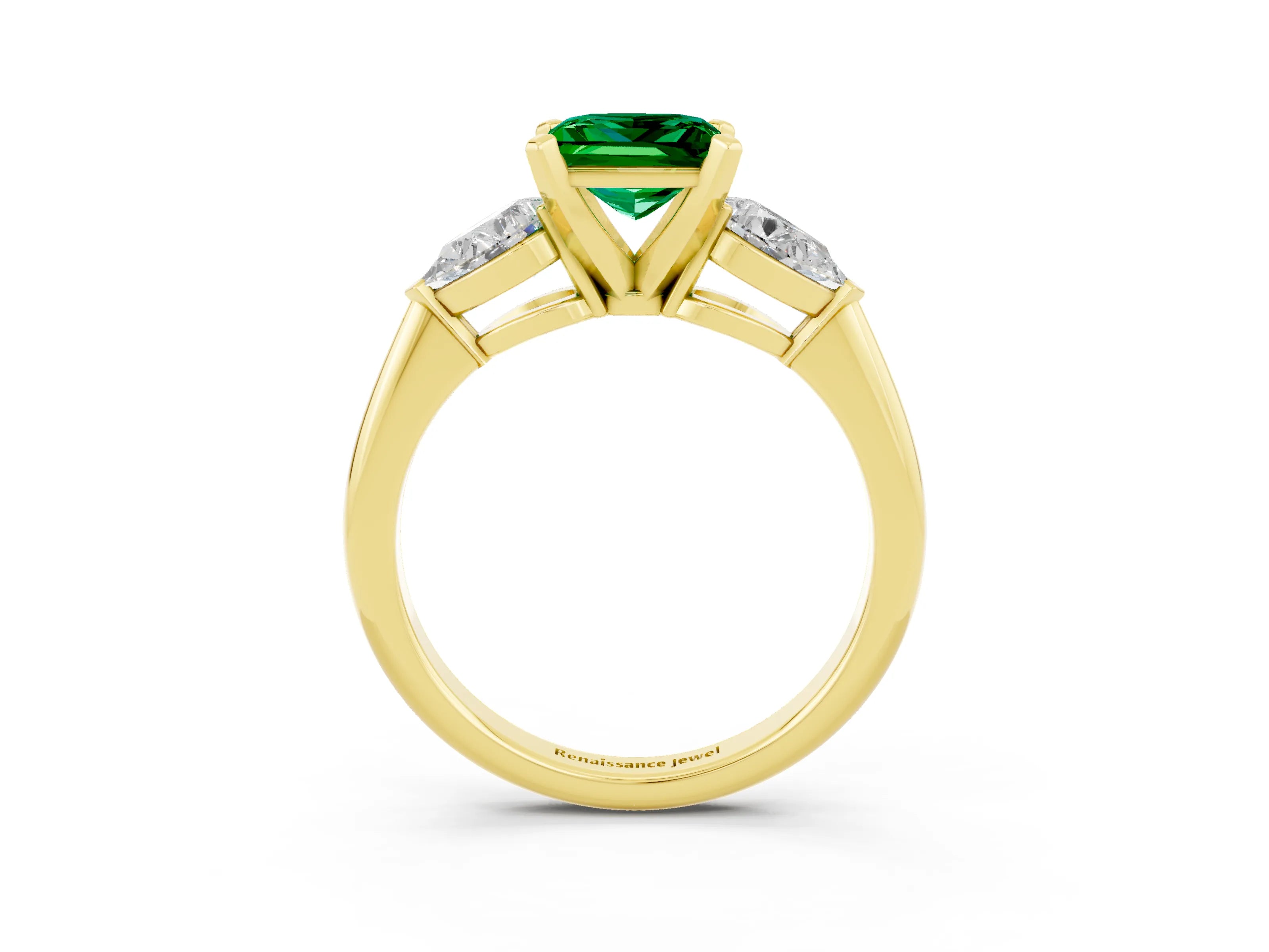 Yellow gold Three-Stone Princess Cut Emerald Ring with Pear Side Stones and Four-Prong Setting_3