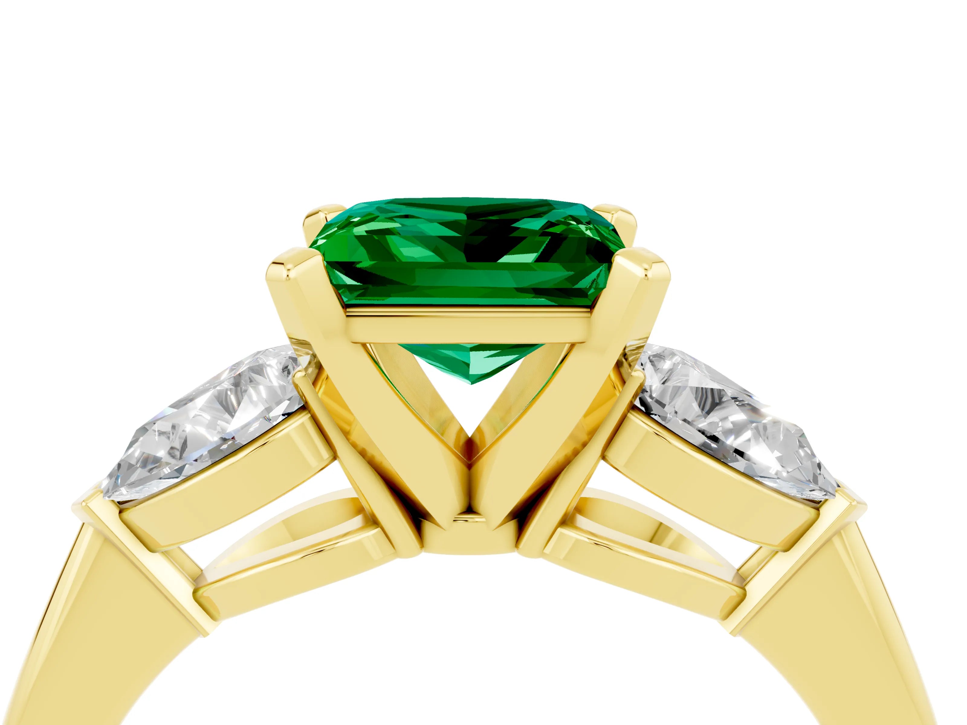 Yellow gold Three-Stone Princess Cut Emerald Ring with Pear Side Stones and Four-Prong Setting_4