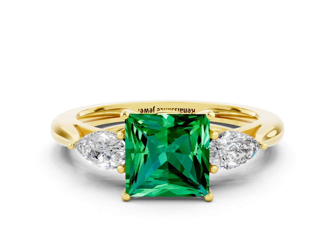 Yellow gold Three-Stone Princess Cut Emerald Ring with Pear  Side Stones in Four-Prong Setting_12
