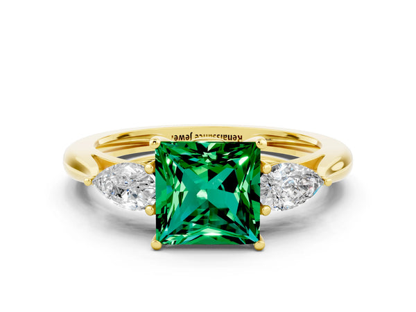 Yellow gold Three-Stone Princess Cut Emerald Ring with Pear  Side Stones in Four-Prong Setting