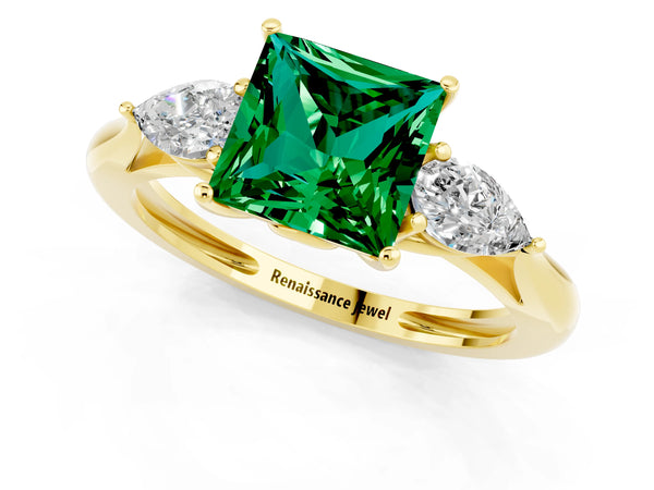 Yellow gold Three-Stone Princess Cut Emerald Ring with Pear  Side Stones in Four-Prong Setting