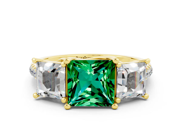 Yellow gold Three-Stone Princess Cut Emerald Ring with Round  Pavé Band and Prong Setting