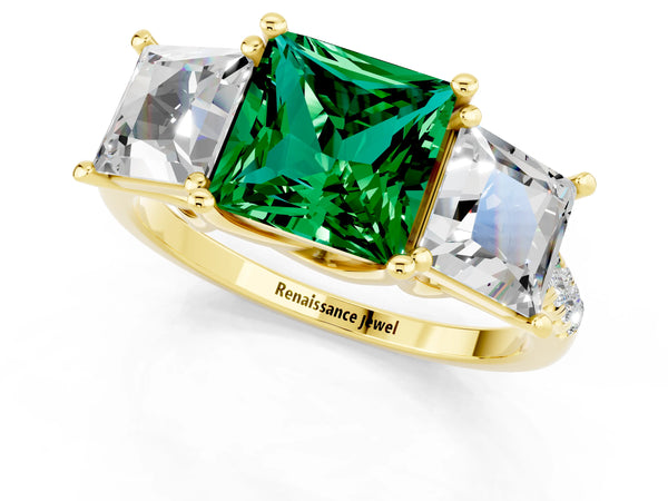 Yellow gold Three-Stone Princess Cut Emerald Ring with Round  Pavé Band and Prong Setting