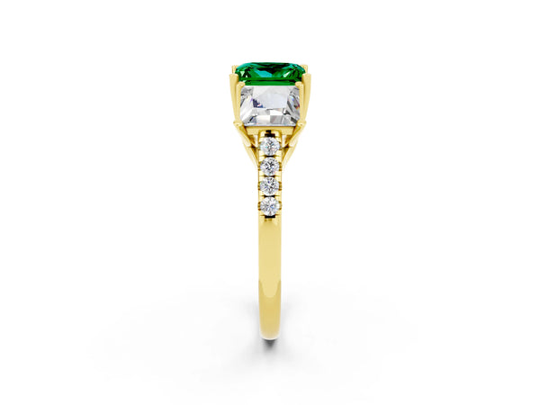 Yellow gold Three-Stone Princess Cut Emerald Ring with Round  Pavé Band and Prong Setting