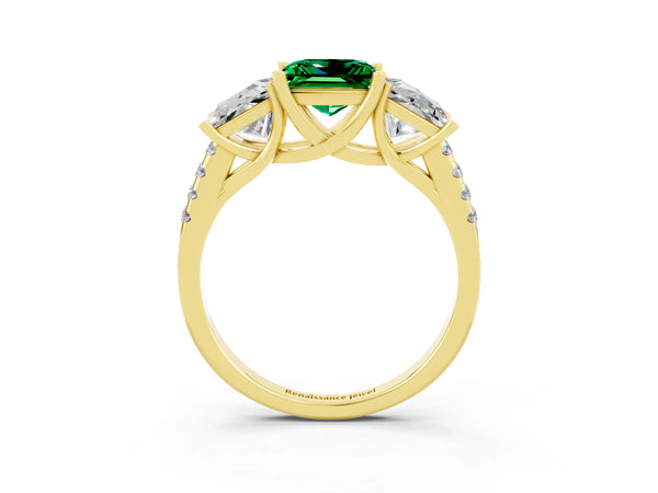 Yellow gold Three-Stone Princess Cut Emerald Ring with Round  Pavé Band and Prong Setting