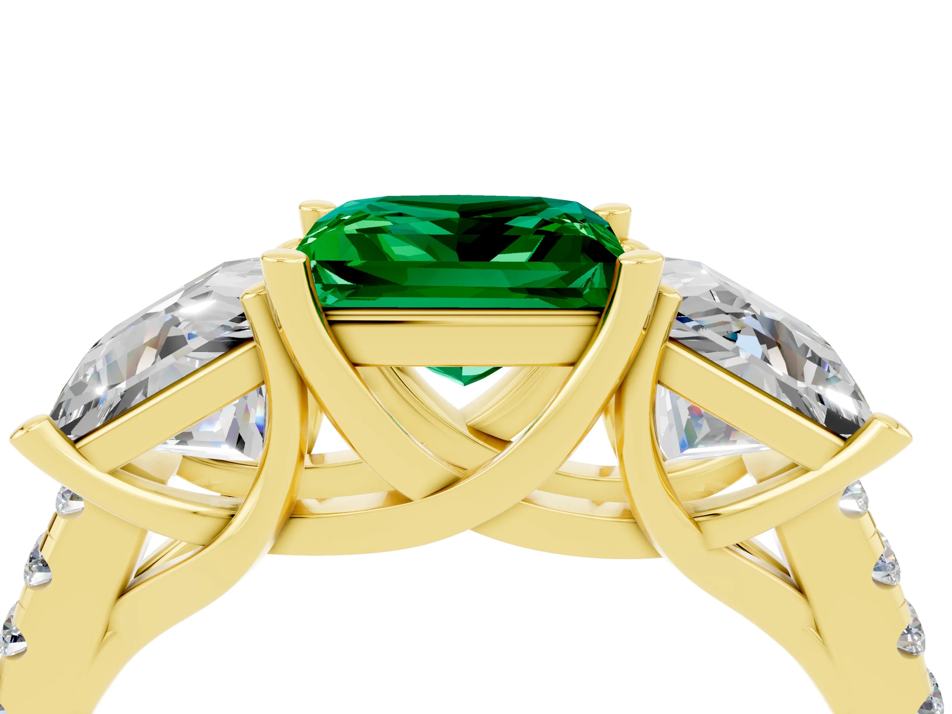 Yellow gold Three-Stone Princess Cut Emerald Ring with Round  Pavé Band and Prong Setting_40