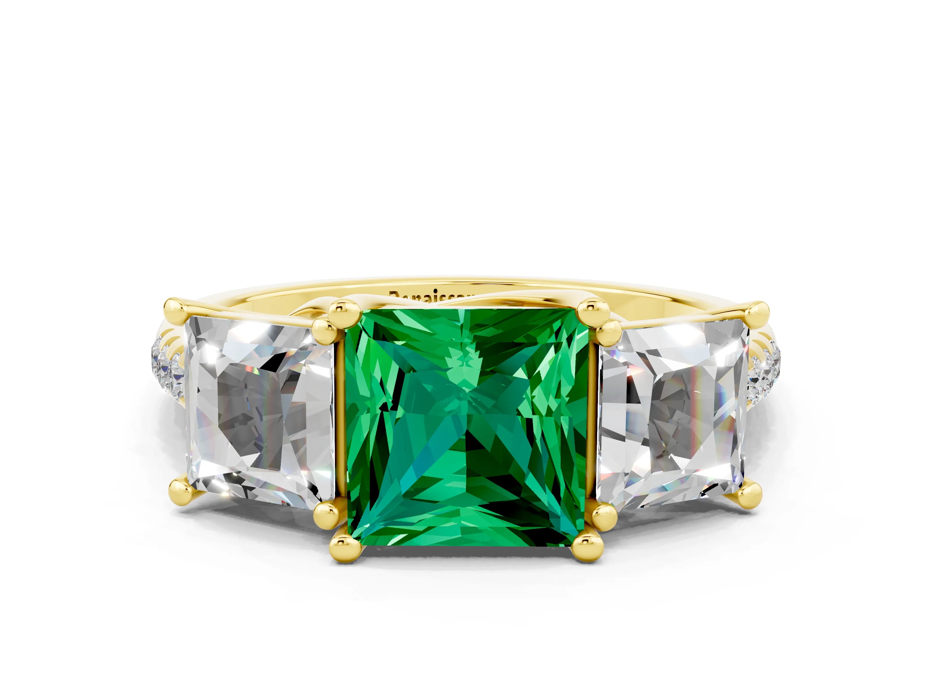 Yellow gold Three-Stone Princess Cut Emerald Ring with Round  Pavé Band and Prong Setting_48