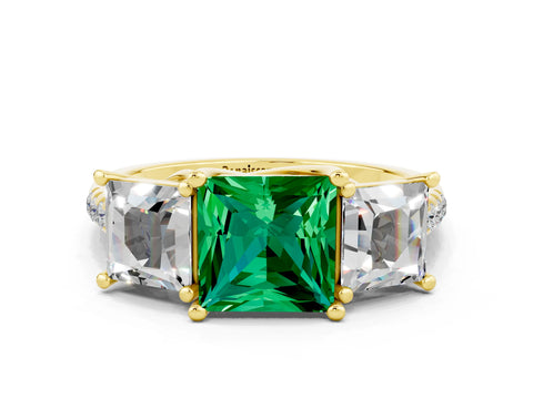 Yellow gold Three-Stone Princess Cut Emerald Ring with Round  Pavé Band and Prong Setting_48
