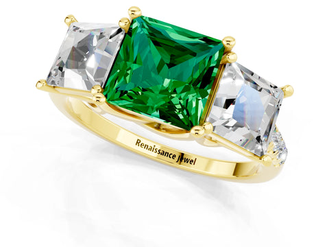 Yellow gold Three-Stone Princess Cut Emerald Ring with Round  Pavé Band and Prong Setting_49