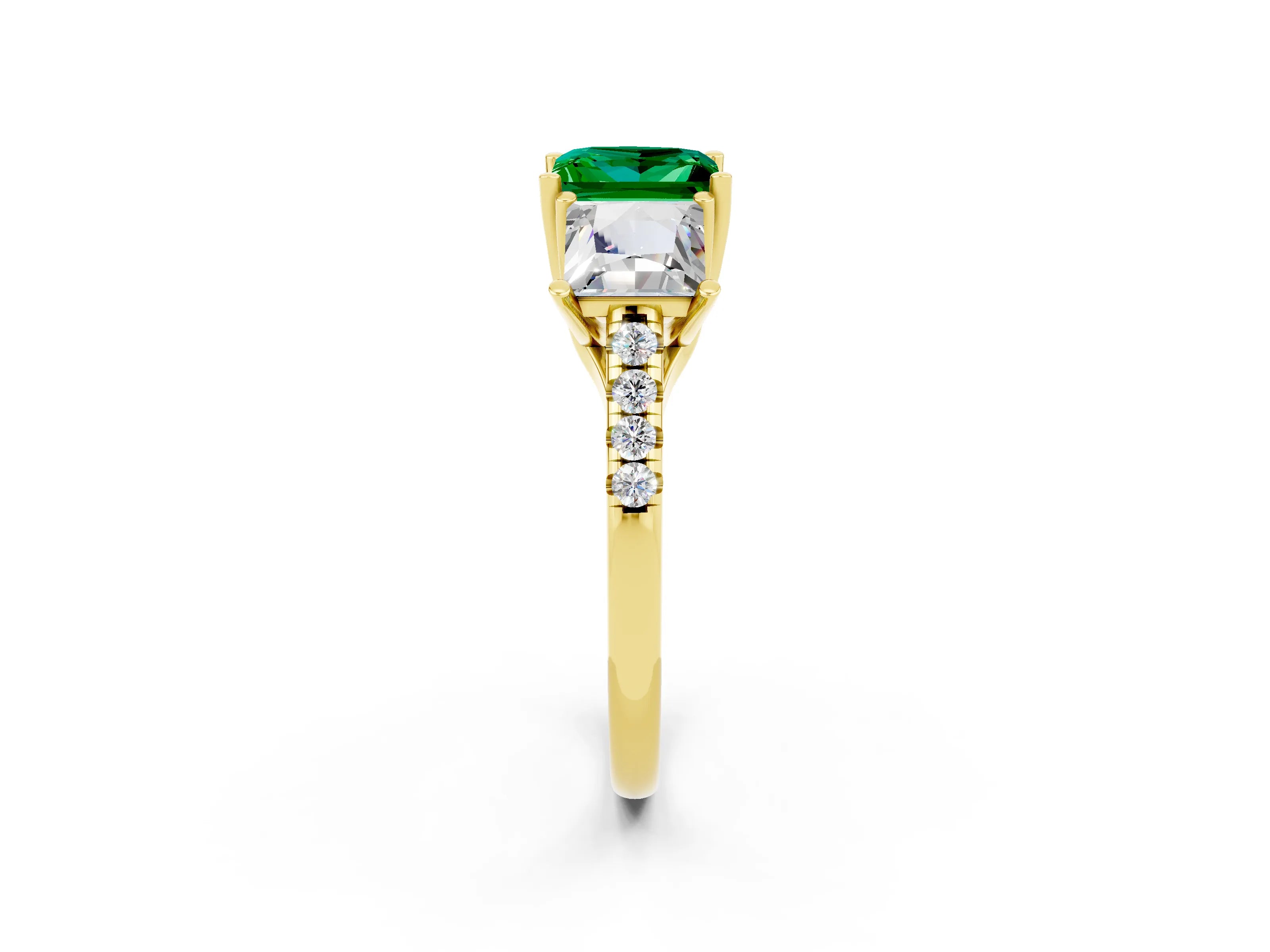 Yellow gold Three-Stone Princess Cut Emerald Ring with Round  Pavé Band and Prong Setting_50