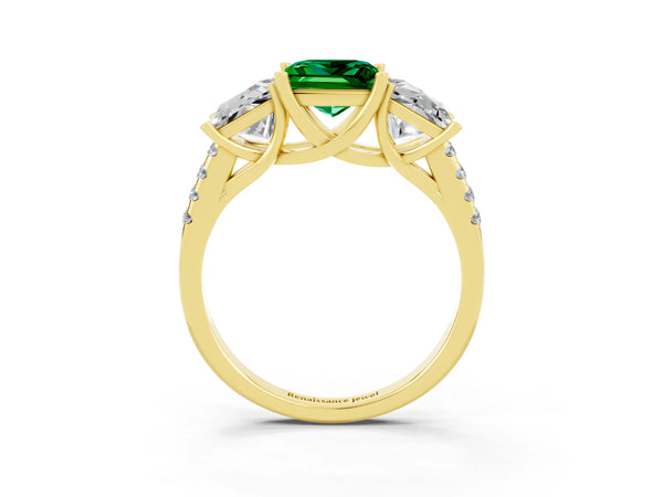 Yellow gold Three-Stone Princess Cut Emerald Ring with Round  Pavé Band and Prong Setting
