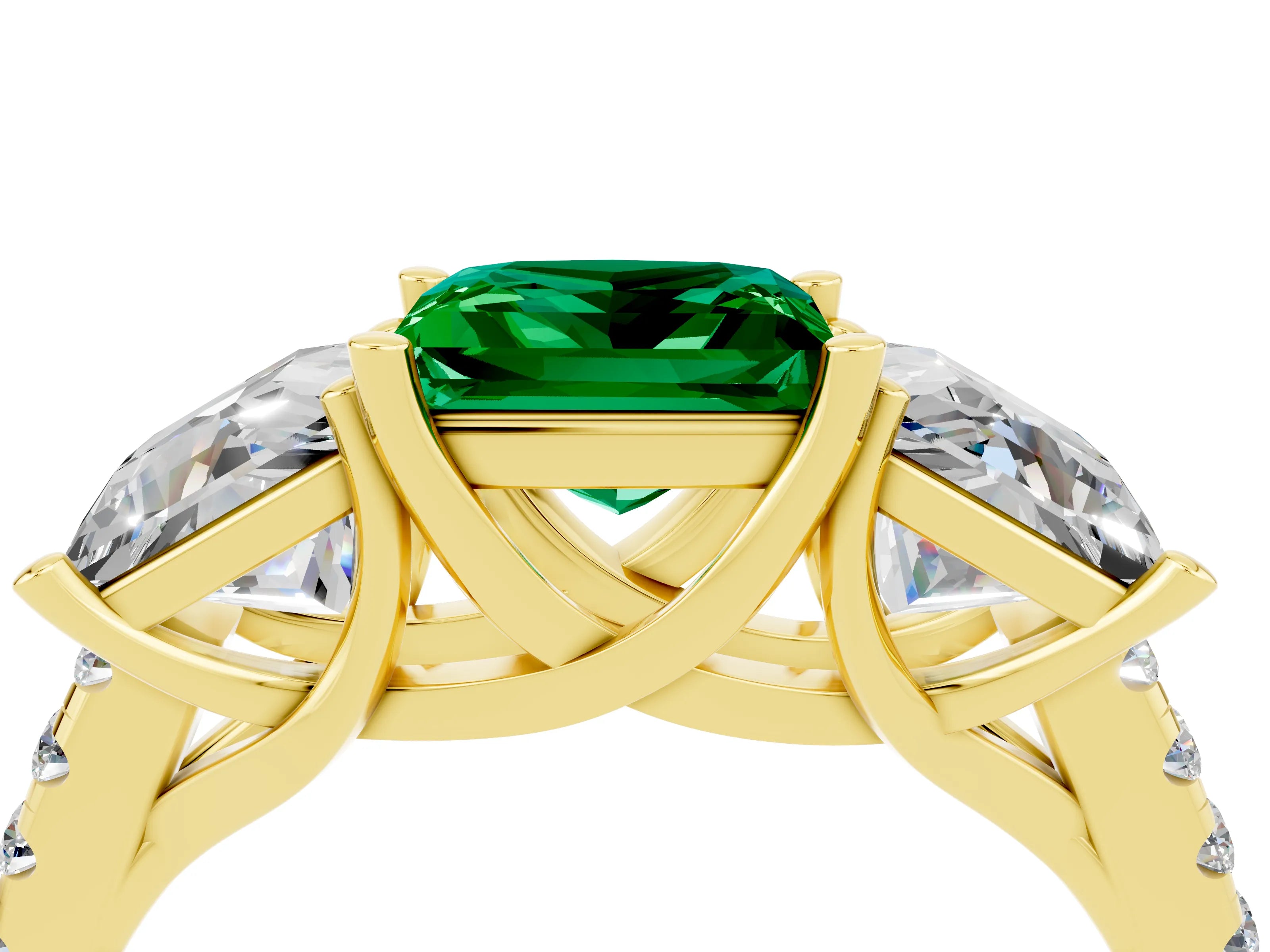 Yellow gold Three-Stone Princess Cut Emerald Ring with Round  Pavé Band and Prong Setting_52