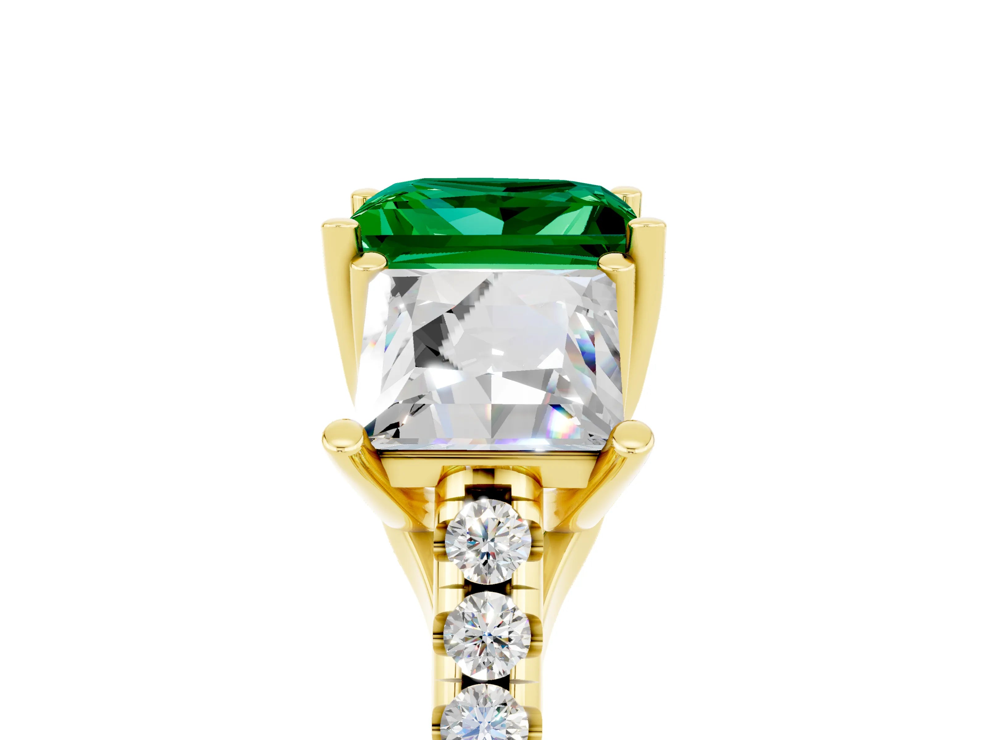 Yellow gold Three-Stone Princess Cut Emerald Ring with Round  Pavé Band and Prong Setting_53