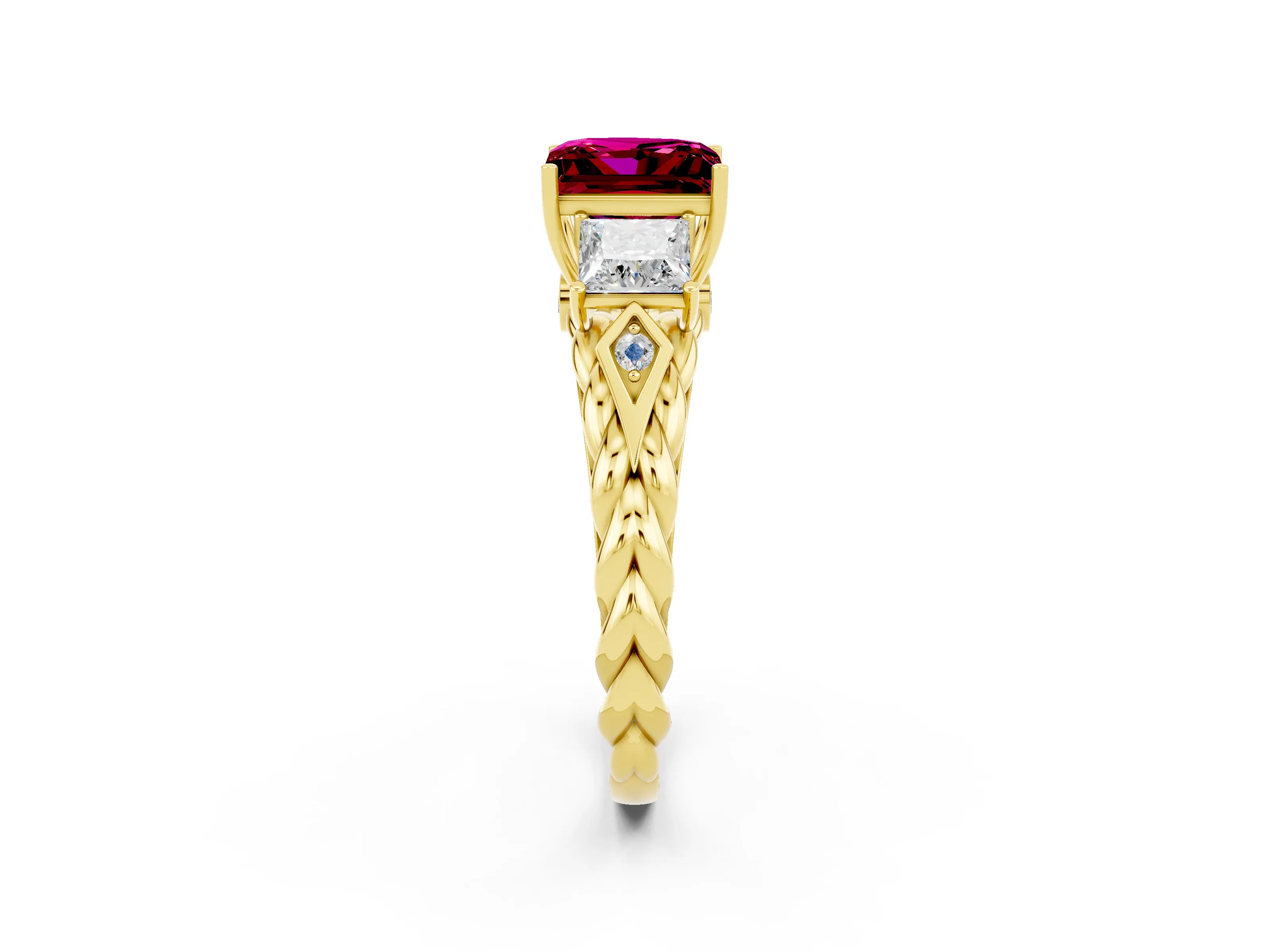Yellow gold Three-Stone Princess Cut Garnet Braided Band Ring with Four-Prong Setting_38