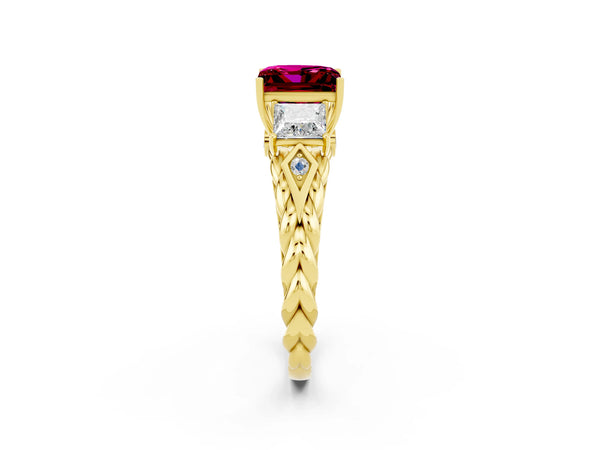 Yellow gold Three-Stone Princess Cut Garnet Braided Band Ring with Four-Prong Setting