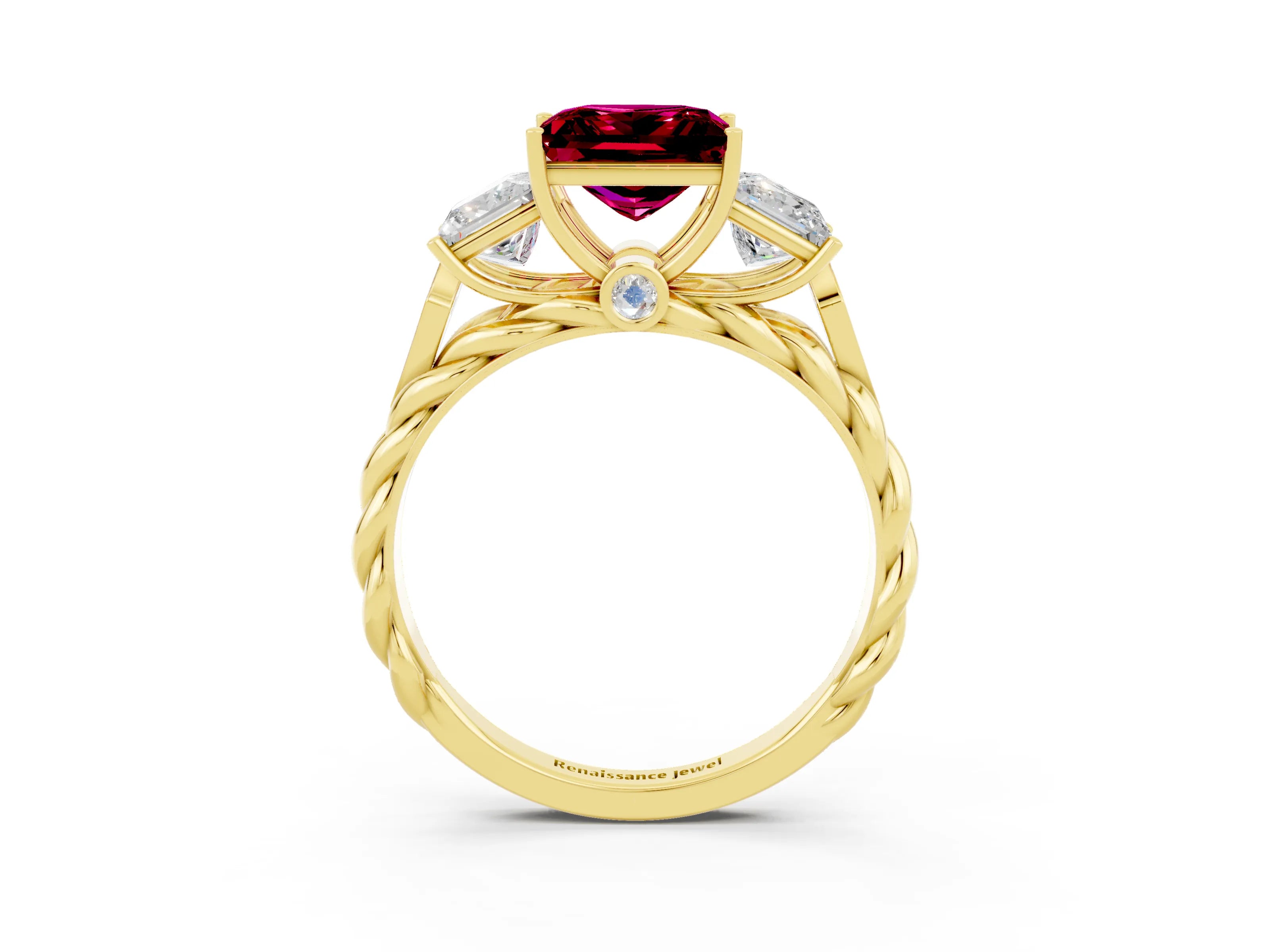Yellow gold Three-Stone Princess Cut Garnet Braided Band Ring with Four-Prong Setting_39
