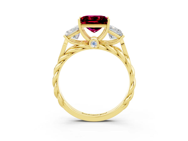 Yellow gold Three-Stone Princess Cut Garnet Braided Band Ring with Four-Prong Setting
