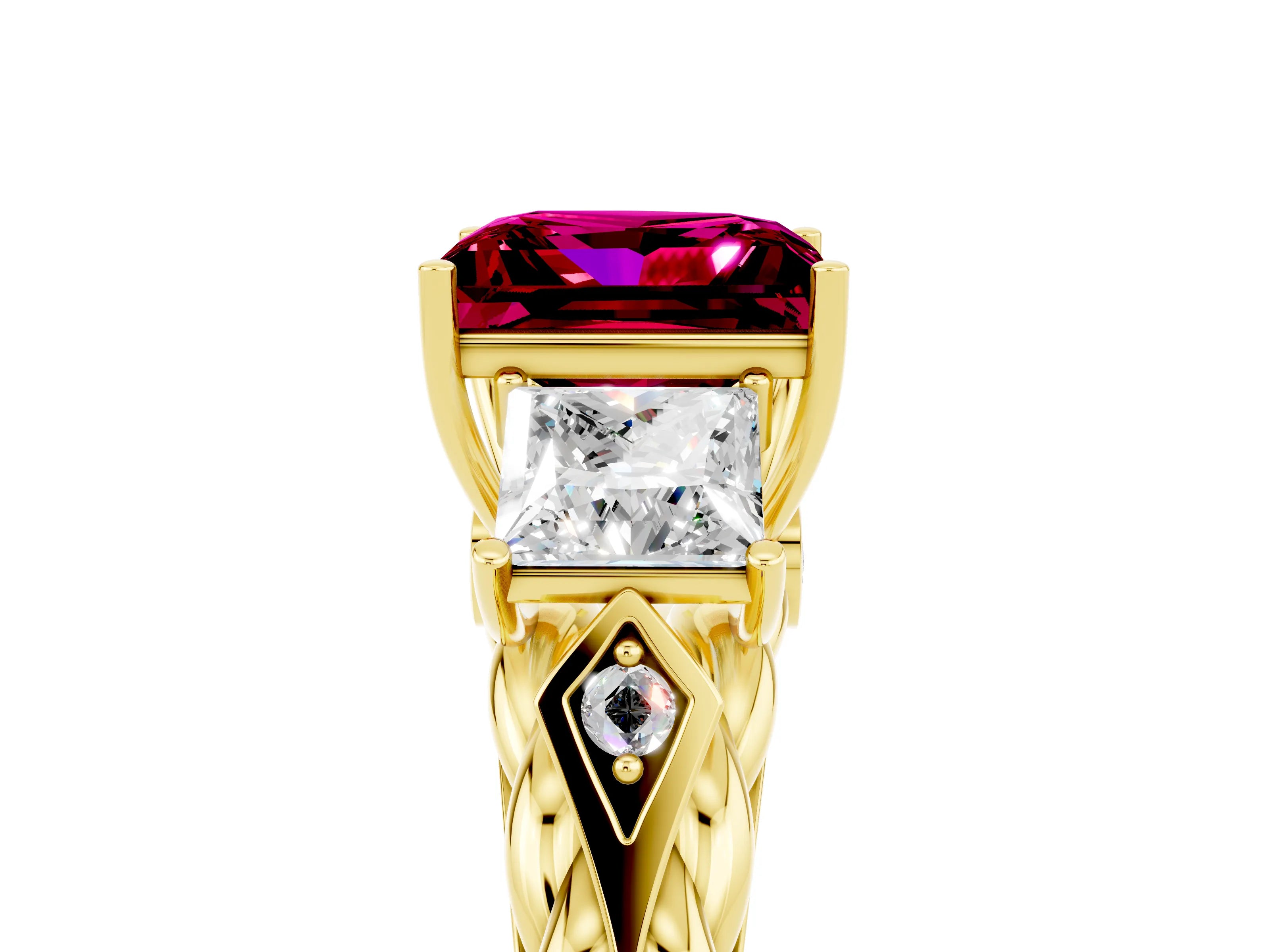 Yellow gold Three-Stone Princess Cut Garnet Braided Band Ring with Four-Prong Setting_41