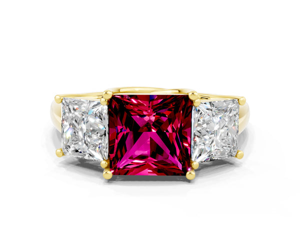 Yellow gold Three-Stone Princess Cut Garnet Engagement Ring with Prong Setting