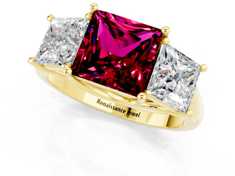 Yellow gold Three-Stone Princess Cut Garnet Engagement Ring with Prong Setting_1