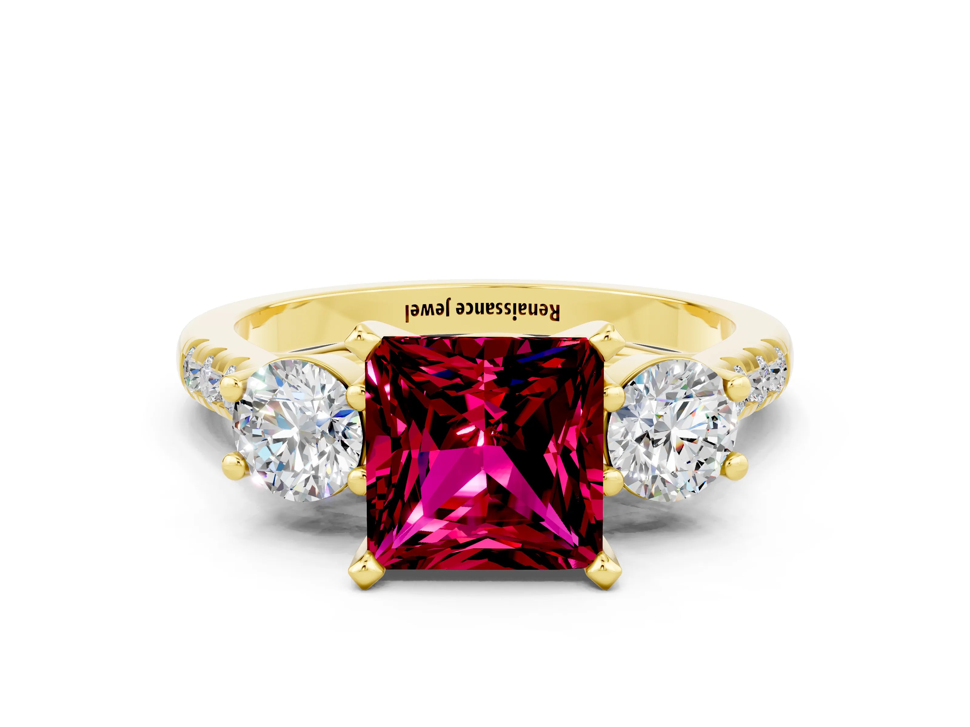 Yellow gold Three-Stone Princess Cut Garnet Pavé Band with Four-Prong Setting