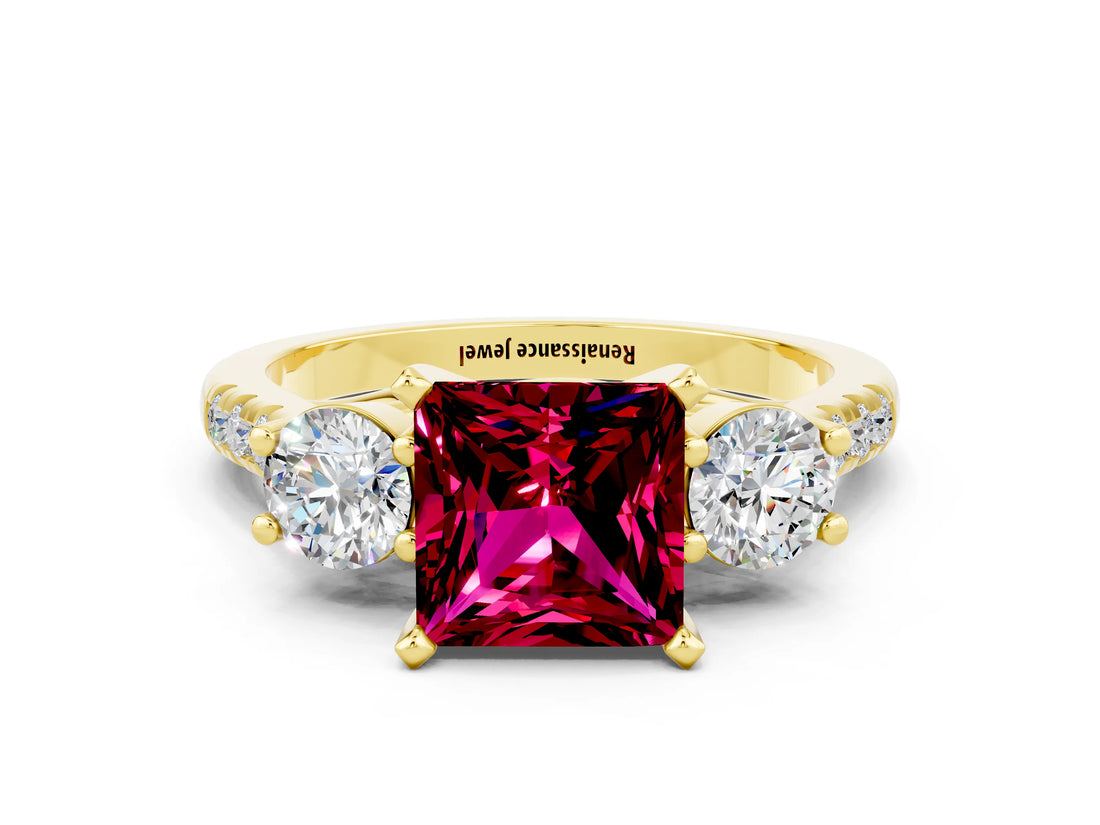 Yellow gold Three-Stone Princess Cut Garnet Pavé Band with Four-Prong Setting
